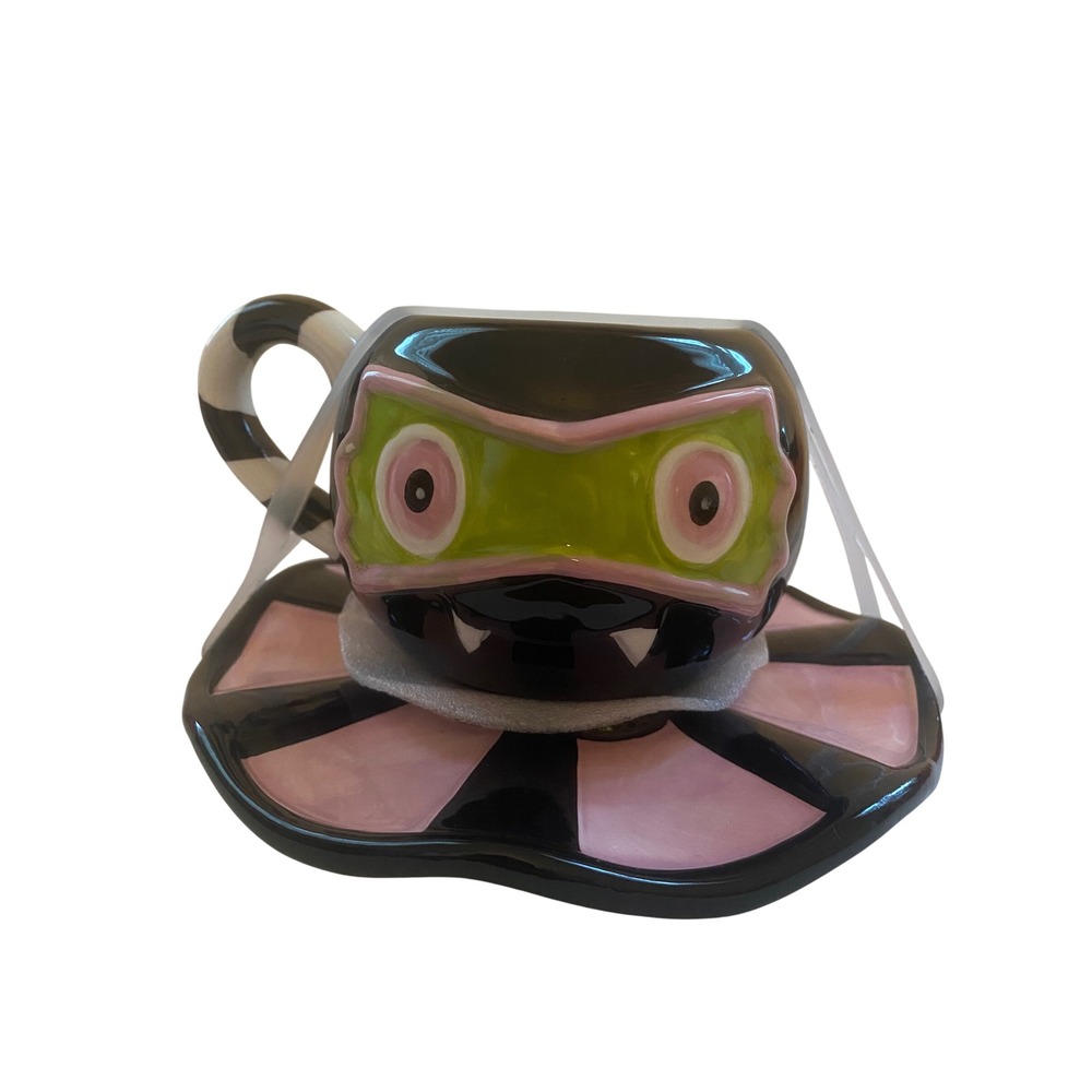 Jack O' Lantern Lane Monster Teacup and Saucer Set Pink Black Striped Handle